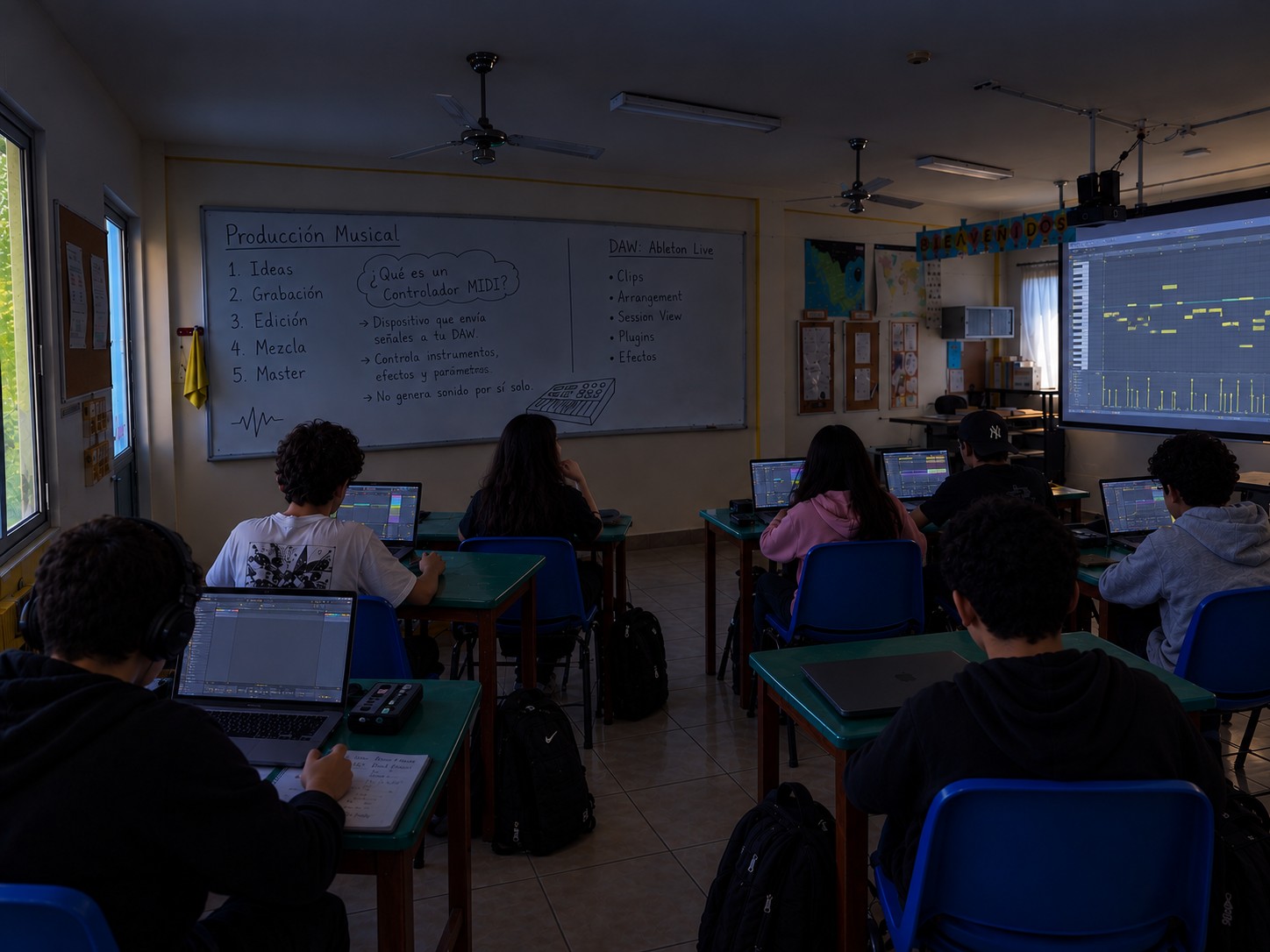 Clase de Studio Lab en Colegio Creativos, alumnos trabajando en Ableton Live